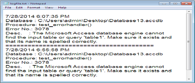 Writw error log file using VBA. Fig-1.3