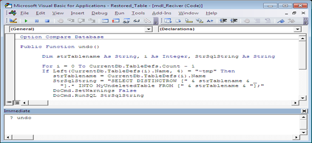 Restore deleted table in MS Access using VBA. Fig-1.2