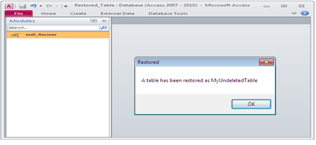 Restore deleted table in MS Access using VBA. Fig-1.3