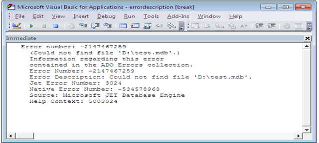 Display Contents of ADODB Errors Collection. Fig-1.2