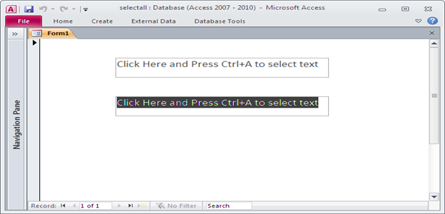 MS Access VBA select all text in textbox. Fig-1.1