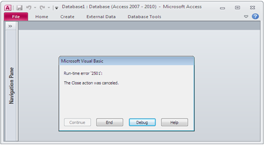 ms access runtime error 2501 the outputto action was canceled