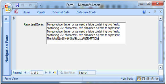 MS Access VBA garbage text after 255 characters Fig-1.1